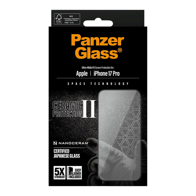 Vetro temperato UWF Ceramic II con applicatore per iPhone 17 Pro, Nero, PanzerGlass