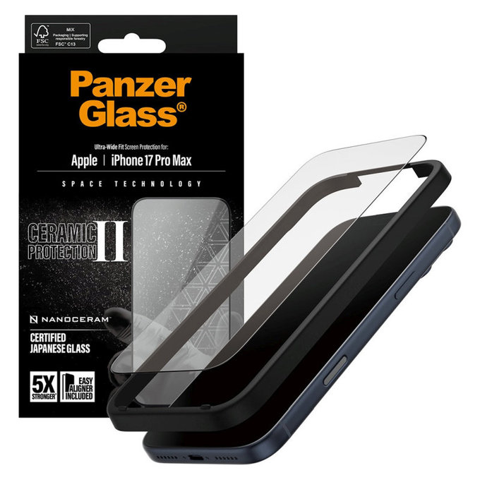 Vetro temperato UWF Ceramic II con applicatore per iPhone 17 Pro Max, Nero, PanzerGlass