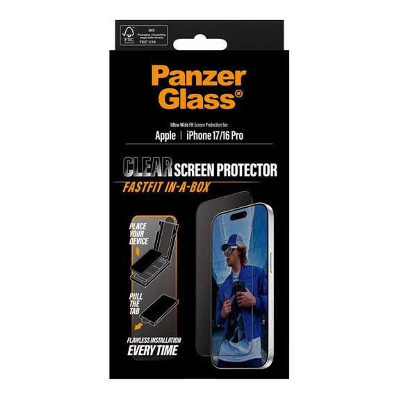 Vetro temperato UWF con Fastfit per iPhone 17/16 Pro, Black, PanzerGlass