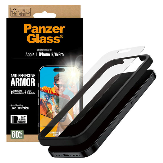 Vetro temperato Anti-Reflective con applicatore per iPhone 17/16 Pro, Nero, PanzerGlass