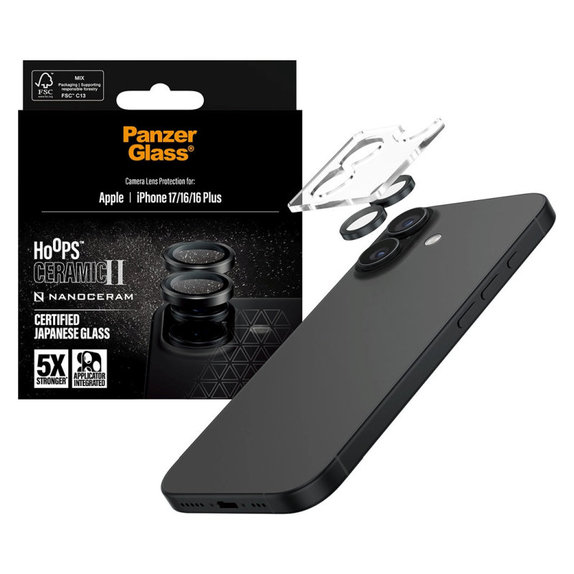 Protezione lente fotocamera Hoops Ceramic II per iPhone 17/16 Plus/16, Nero, PanzerGlass
