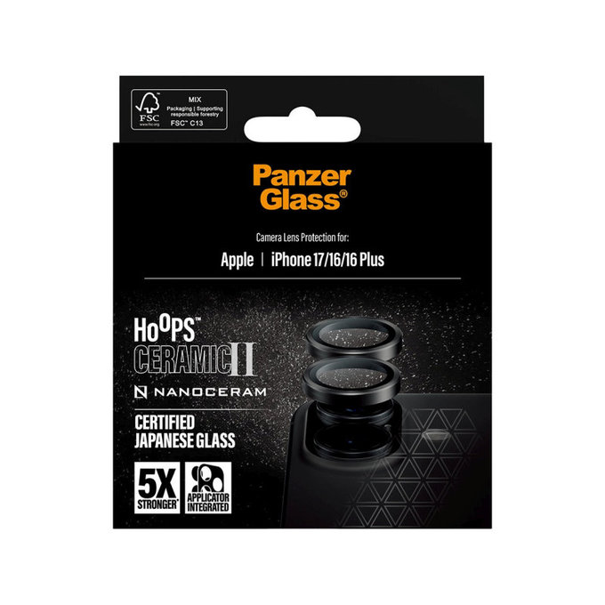 Protezione lente fotocamera Hoops Ceramic II per iPhone 17/16 Plus/16, Nero, PanzerGlass