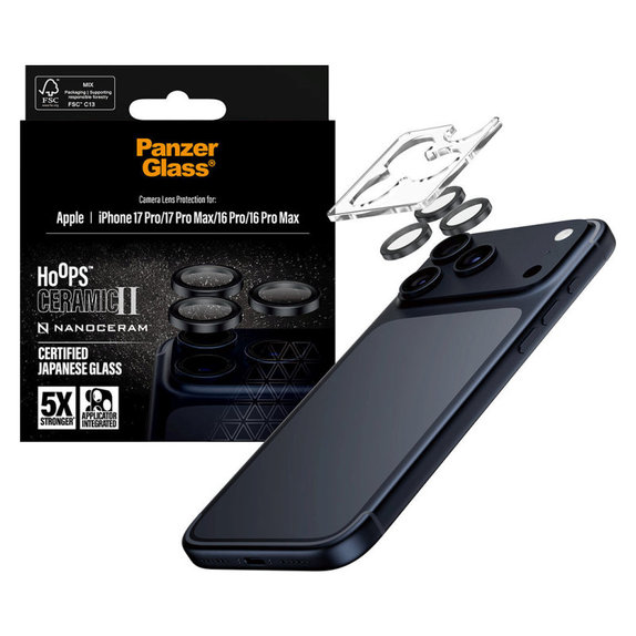 Protezione obiettivo Hoops Ceramic II per iPhone 17 Pro Max/17 Pro/16 Pro Max/16 Pro, Black, PanzerGlass