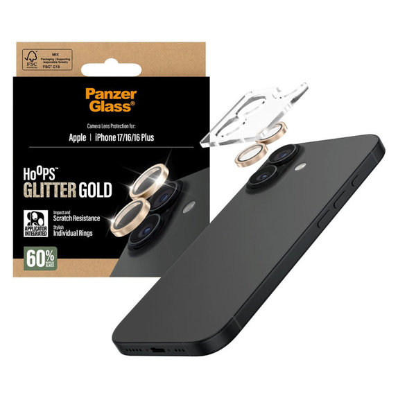 Protezione lente fotocamera Hoops per iPhone 17/16 Plus/16, Glitter Gold, PanzerGlass