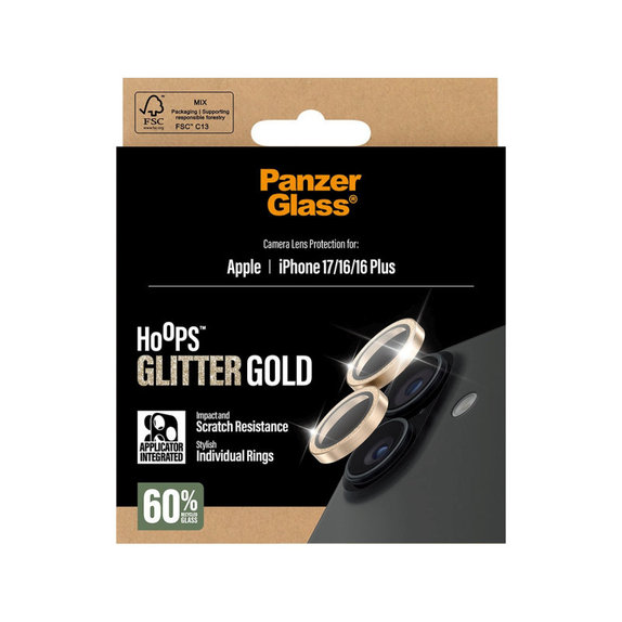 Protezione lente fotocamera Hoops per iPhone 17/16 Plus/16, Glitter Gold, PanzerGlass