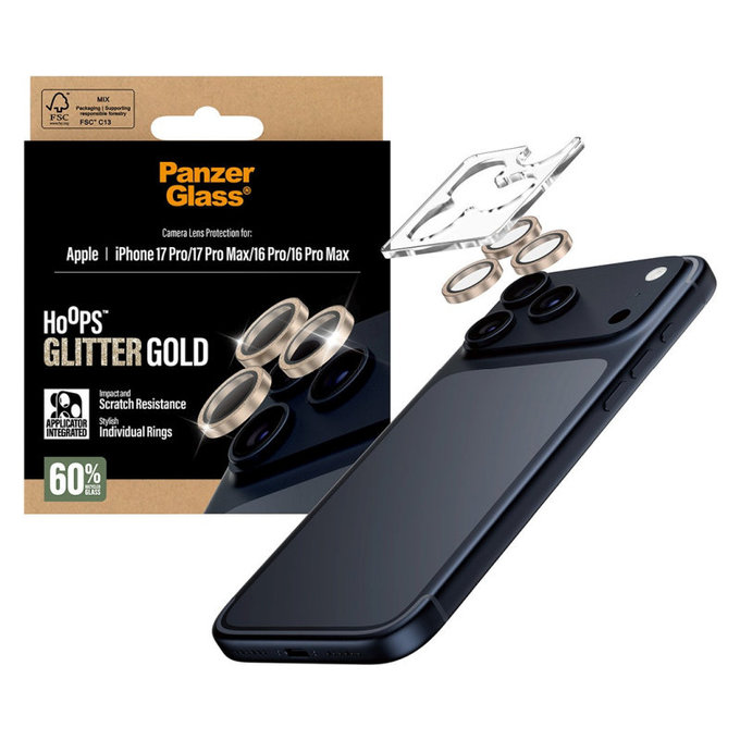 Protezione lente fotocamera Hoops per iPhone 17 Pro Max/17 Pro/16 Pro Max/16 Pro, Glitter Gold, PanzerGlass