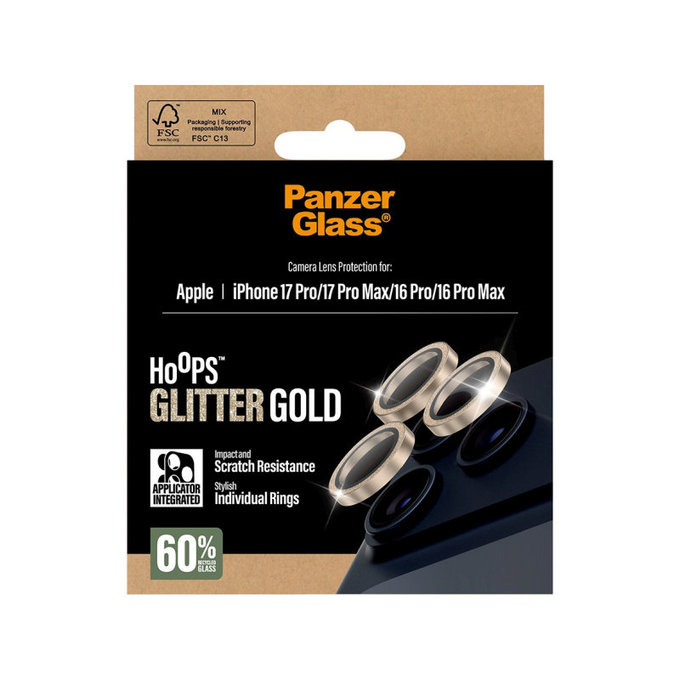 Protezione lente fotocamera Hoops per iPhone 17 Pro Max/17 Pro/16 Pro Max/16 Pro, Glitter Gold, PanzerGlass