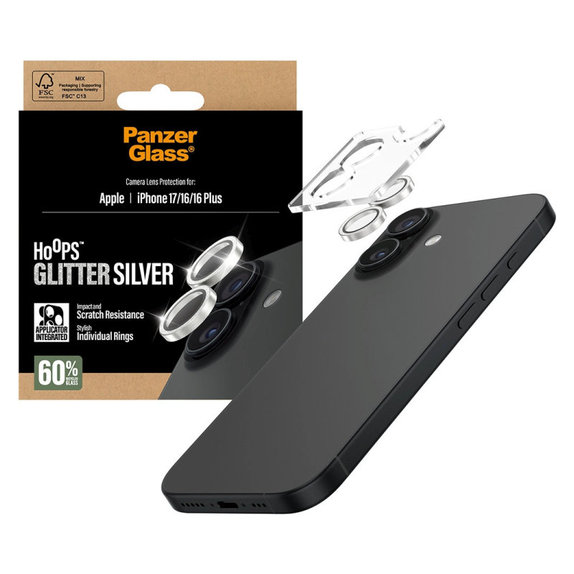 Protezione lente fotocamera Hoops per iPhone 17/16 Plus/16, Glitter Silver, PanzerGlass