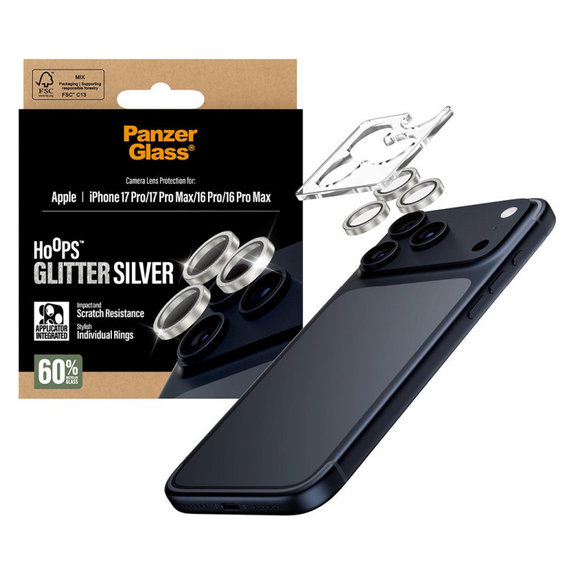 Protezione lente fotocamera Hoops per iPhone 17 Pro Max/17 Pro/16 Pro Max/16 Pro, Glitter Silver, PanzerGlass