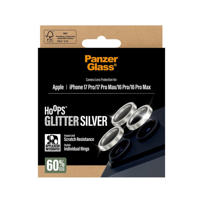 Protezione lente fotocamera Hoops per iPhone 17 Pro Max/17 Pro/16 Pro Max/16 Pro, Glitter Silver, PanzerGlass