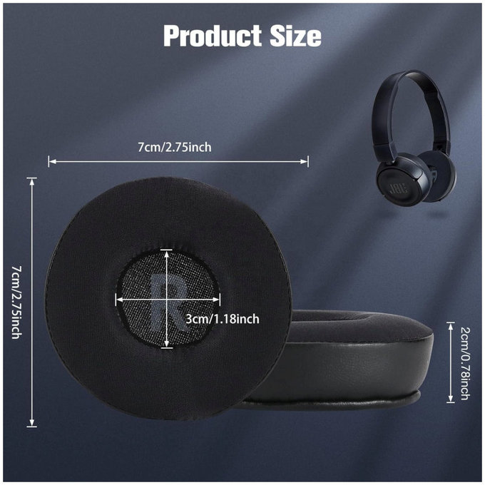 Cuscinetti auricolari di ricambio per JBL JR300, T450BT, T500BT, T600, Memory foam, Leather and Textile, Black, Cooling Gel, 1 paio