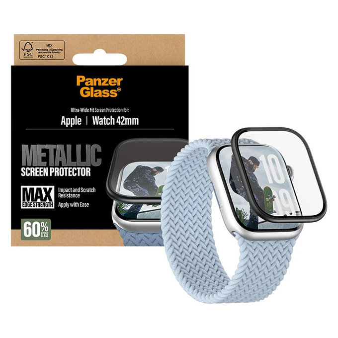 Vetro temperato UWF METALLIC per Apple Watch 11/10 42 mm, Nero, PanzerGlass