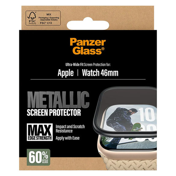 Vetro temperato UWF METALLIC per Apple Watch 11/10 46 mm, Nero, PanzerGlass