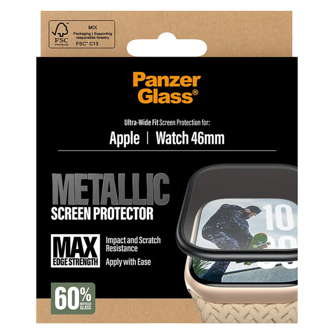 Vetro temperato UWF METALLIC per Apple Watch 11/10 46 mm, Nero, PanzerGlass