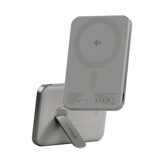 PowerBank wireless 5000 mAh, con supporto rotante 20 W, compatibile con MagSafe, Qi2/USB-C, Titanio, empower
