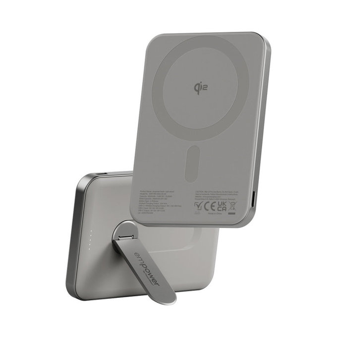 PowerBank wireless 5000 mAh, con supporto rotante 20 W, compatibile con MagSafe, Qi2/USB-C, Titanio, empower