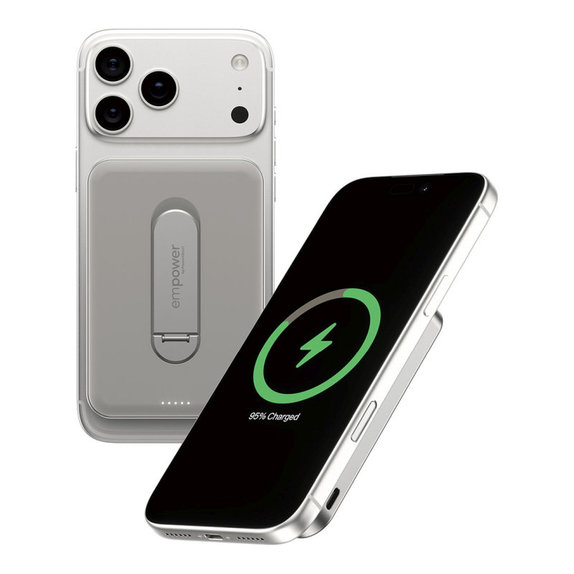 PowerBank wireless 5000 mAh, con supporto rotante 20 W, compatibile con MagSafe, Qi2/USB-C, Titanio, empower