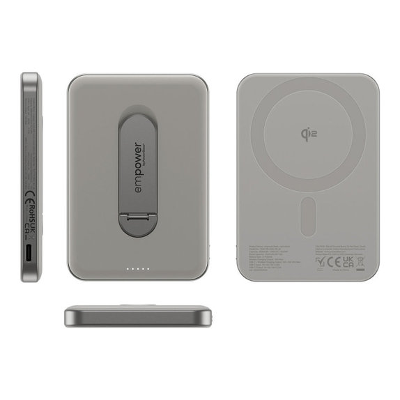PowerBank wireless 5000 mAh, con supporto rotante 20 W, compatibile con MagSafe, Qi2/USB-C, Titanio, empower