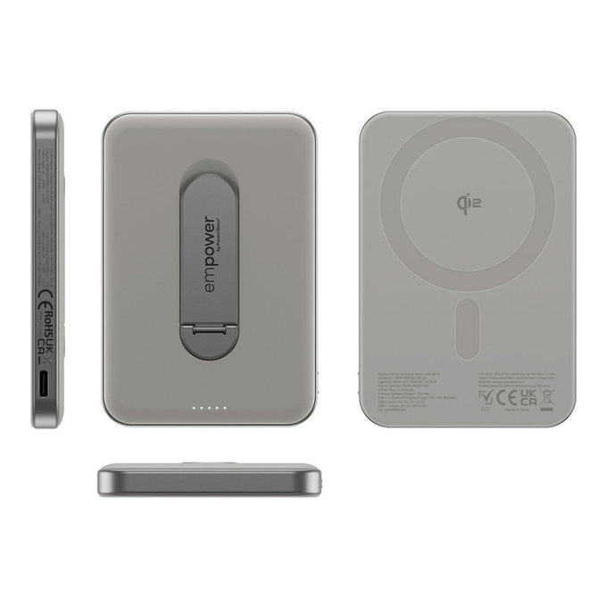 PowerBank wireless 5000 mAh, con supporto rotante 20 W, compatibile con MagSafe, Qi2/USB-C, Titanio, empower