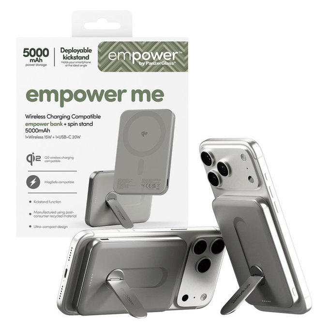 PowerBank wireless 5000 mAh, con supporto rotante 20 W, compatibile con MagSafe, Qi2/USB-C, Titanio, empower