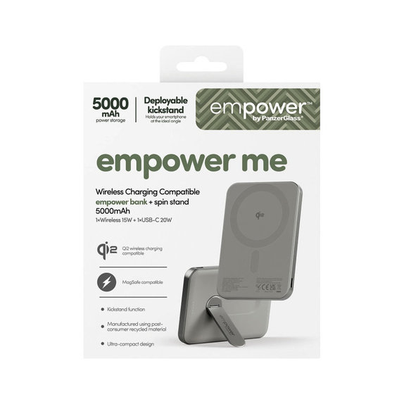 PowerBank wireless 5000 mAh, con supporto rotante 20 W, compatibile con MagSafe, Qi2/USB-C, Titanio, empower