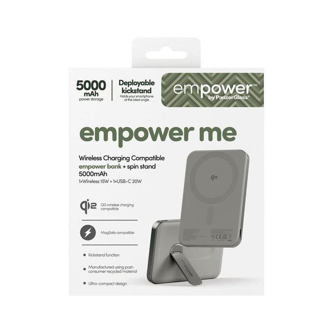 PowerBank wireless 5000 mAh, con supporto rotante 20 W, compatibile con MagSafe, Qi2/USB-C, Titanio, empower