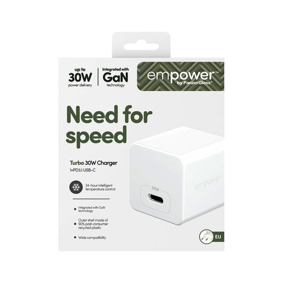 Adattatore da viaggio Grand Prix USB-C, GaN, 30 W PD, Silver White, PanzerGlass