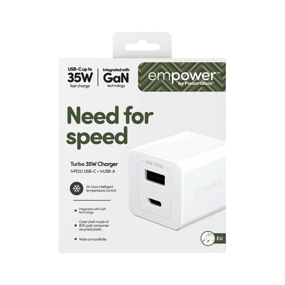 Adattatore da viaggio Grand Prix USB-C/USB-A, GaN, 35 W PD, Silver White, PanzerGlass