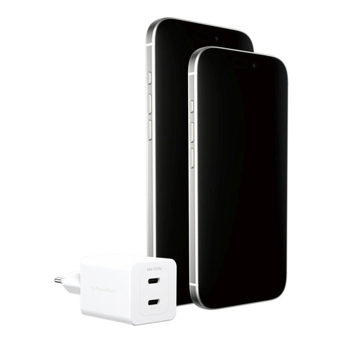 Adattatore da viaggio Grand Prix 2x USB-C, GaN, 45 W PD, Bianco argento, PanzerGlass