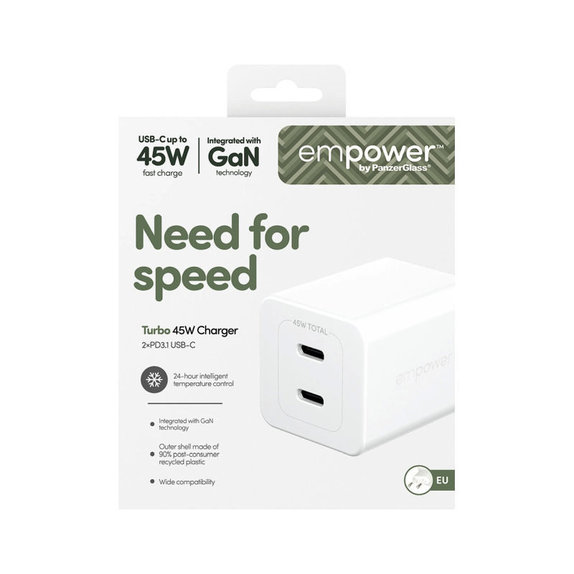 Adattatore da viaggio Grand Prix 2x USB-C, GaN, 45 W PD, Bianco argento, PanzerGlass