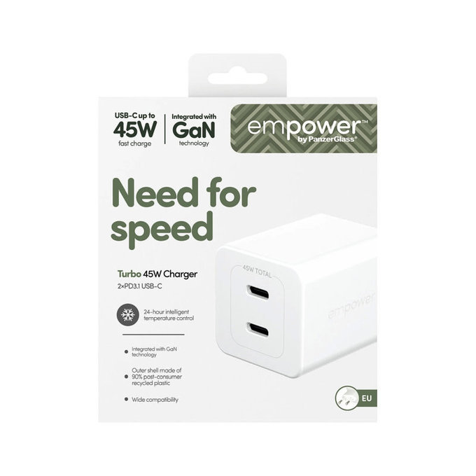 Adattatore da viaggio Grand Prix 2x USB-C, GaN, 45 W PD, Bianco argento, PanzerGlass