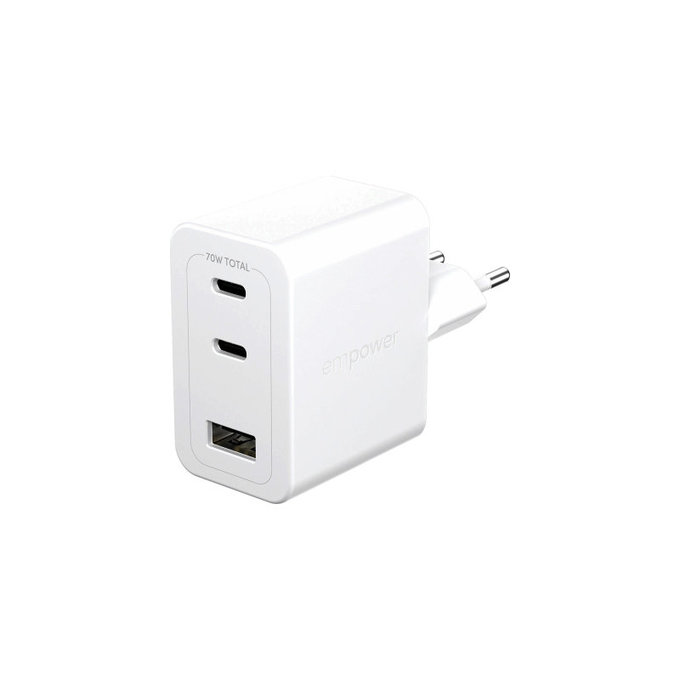 Adattatore da viaggio Grand Prix 2x USB-C/USB-A, GaN, 70 W PD, Bianco argento, PanzerGlass