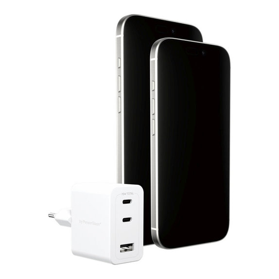 Adattatore da viaggio Grand Prix 2x USB-C/USB-A, GaN, 70 W PD, Bianco argento, PanzerGlass