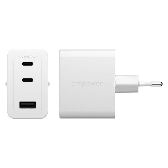Adattatore da viaggio Grand Prix 2x USB-C/USB-A, GaN, 70 W PD, Bianco argento, PanzerGlass
