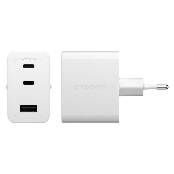 Adattatore da viaggio Grand Prix 2x USB-C/USB-A, GaN, 70 W PD, Bianco argento, PanzerGlass