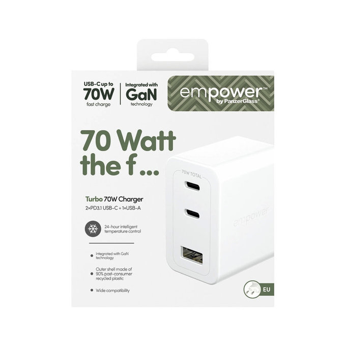 Adattatore da viaggio Grand Prix 2x USB-C/USB-A, GaN, 70 W PD, Bianco argento, PanzerGlass