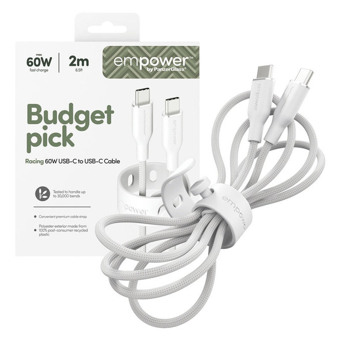 Cavo USB-C, 60 W, Racing, 2 m, Bianco argento, PanzerGlass