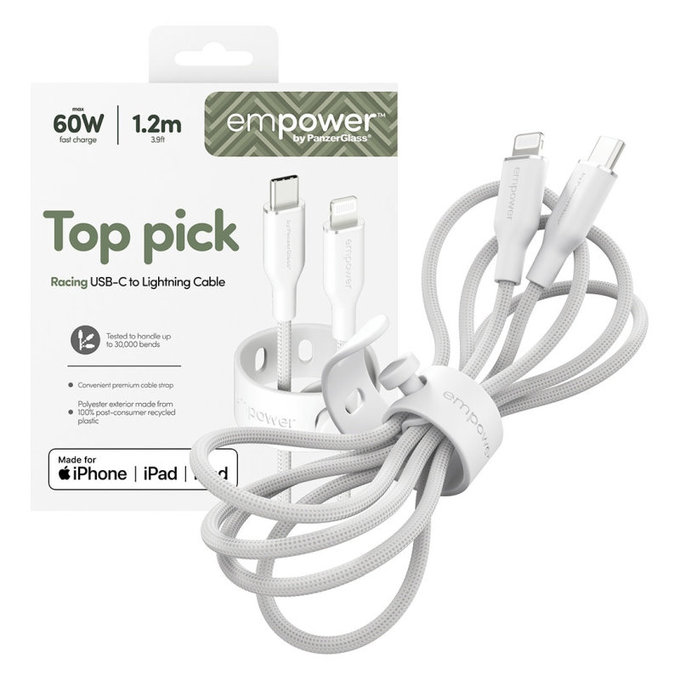 Cavo USB-C/Lightning, 60 W, Racing, 1, 2 m, Bianco argento, PanzerGlass