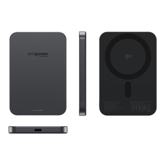 PowerBank wireless 5000 mAh 20 W, compatibile con MagSafe, Qi2/USB-C, Black spazio, empower