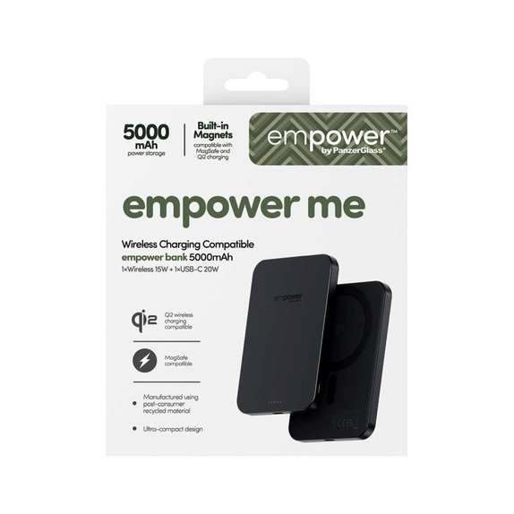 PowerBank wireless 5000 mAh 20 W, compatibile con MagSafe, Qi2/USB-C, Black spazio, empower