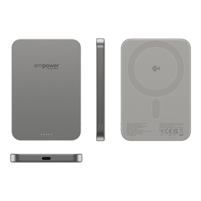 PowerBank wireless 5000 mAh, 20 W, compatibile con MagSafe, Qi2/USB-C, Titanio, empower