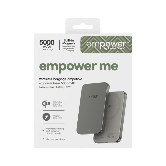 PowerBank wireless 5000 mAh, 20 W, compatibile con MagSafe, Qi2/USB-C, Titanio, empower