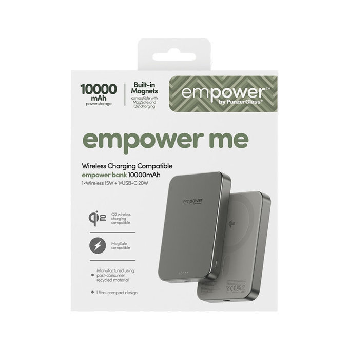 PowerBank wireless 10000 mAh, 20 W, compatibile con MagSafe, Qi2/USB-C, Titanio, empower