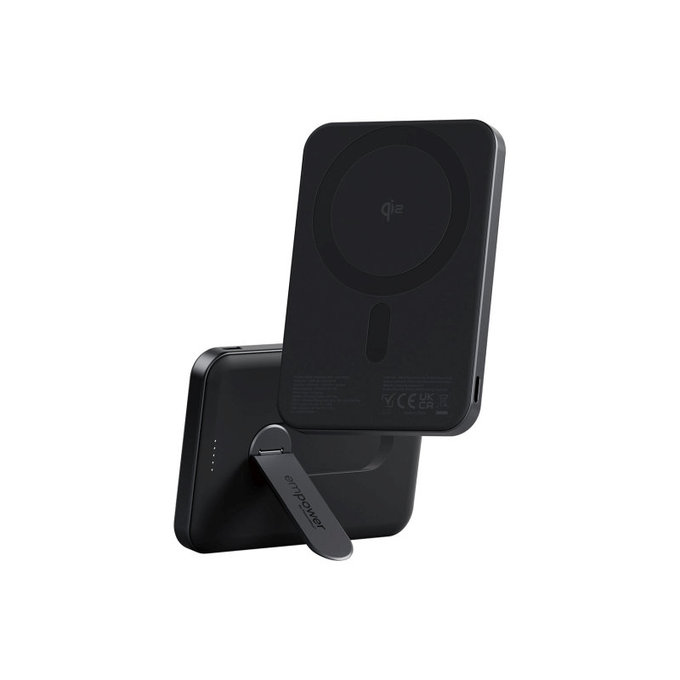 PowerBank wireless 5000 mAh, con supporto rotante 20 W, compatibile con MagSafe, Qi2/USB-C, Black spazio, empower