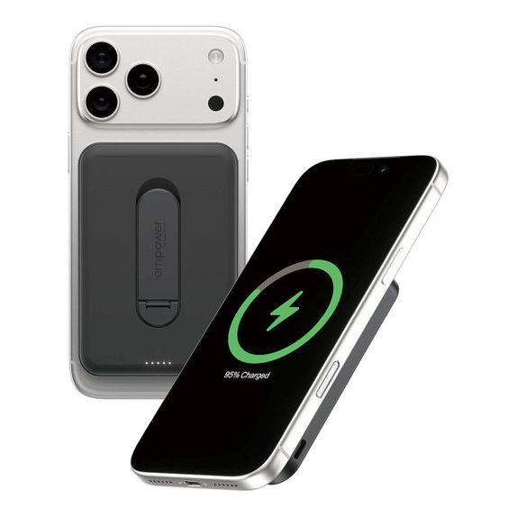PowerBank wireless 5000 mAh, con supporto rotante 20 W, compatibile con MagSafe, Qi2/USB-C, Black spazio, empower