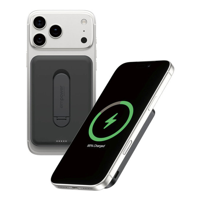 PowerBank wireless 5000 mAh, con supporto rotante 20 W, compatibile con MagSafe, Qi2/USB-C, Black spazio, empower