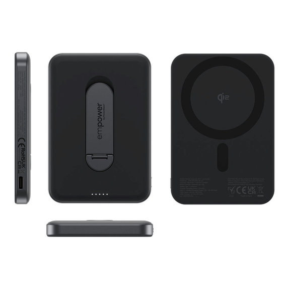 PowerBank wireless 5000 mAh, con supporto rotante 20 W, compatibile con MagSafe, Qi2/USB-C, Black spazio, empower