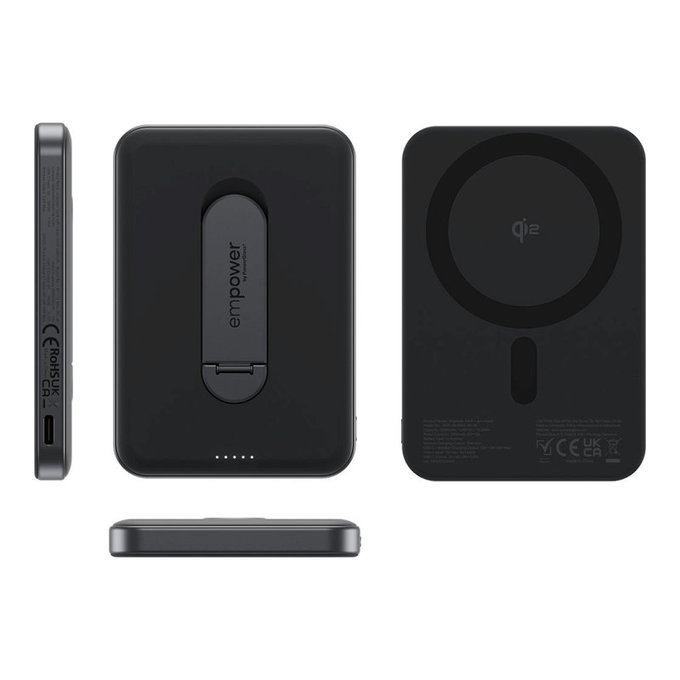 PowerBank wireless 5000 mAh, con supporto rotante 20 W, compatibile con MagSafe, Qi2/USB-C, Black spazio, empower