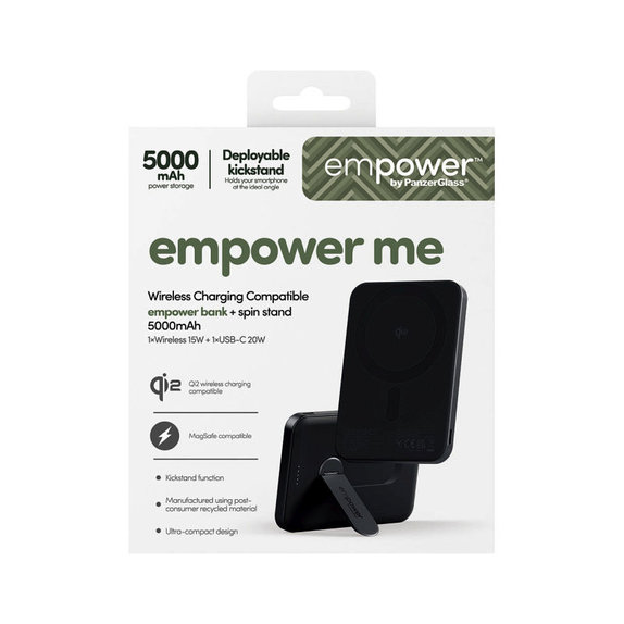 PowerBank wireless 5000 mAh, con supporto rotante 20 W, compatibile con MagSafe, Qi2/USB-C, Black spazio, empower
