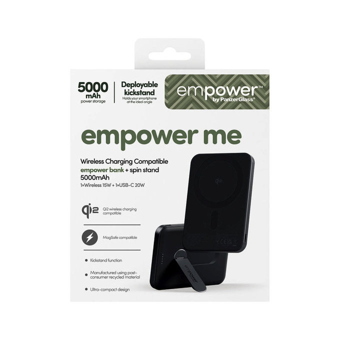 PowerBank wireless 5000 mAh, con supporto rotante 20 W, compatibile con MagSafe, Qi2/USB-C, Black spazio, empower